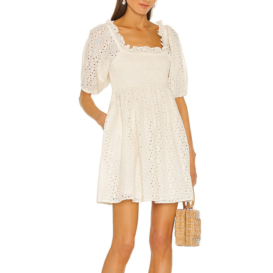 WOMEN WHITE SHORT SLEEVE LOOSE STYLE BOHEMIAN LACE MINI DRESSES